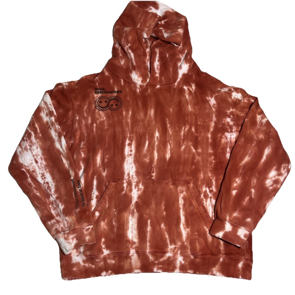 Seek Discomfort Mens L Orange Tie Dye Hoodie Summer Hiking Work Wear EUC